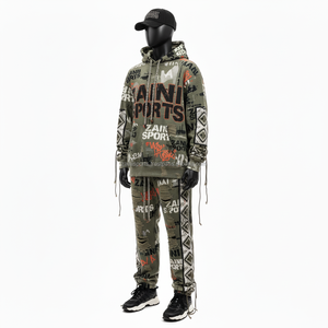 Alta calidad 350 GSM hombres chándal verde oliva tela de lana impresa Sudadera con capucha y Jogger conjunto diseño personalizado hombres chándal - Product Image 3