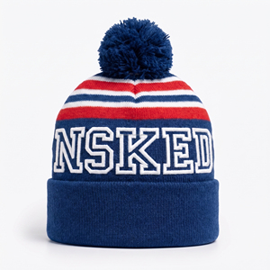 Bonnet brodé personnalisé avec pompon, rayures bleues, rouges et blanches, unisexe, style décontracté, pour adulte - Product Image 2