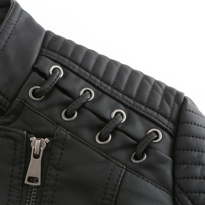 Veste de moto en cuir PU noir pour homme, col montant, fermeture éclair, style motard, avec lacets aux épaules - Product Image 6