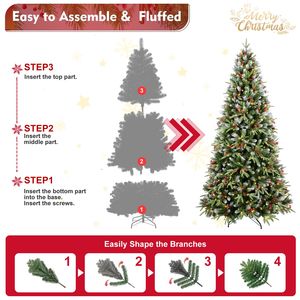 Árbol de Navidad Artificial Preiluminado de 8 pies con Puntas Nevadas, 600 Luces, Piñas Predecoradas, Bayas Rojas, Ramas de PE 2851 - Product Image 3