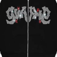 Sudadera con Capucha Negra Unisex Oversize con Pedrería, de Forro Polar y Algodón, Estilo Casual, para Otoño, Corte Regular, Color Liso, con Bolsillos