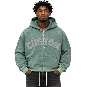 Sudadera con capucha para hombre, personalizada con pedrería, con cremallera completa, holgada, de felpa francesa, 480GSM, algodón, corte cuadrado, estilo urbano, adornada, a la moda - Product Image 4