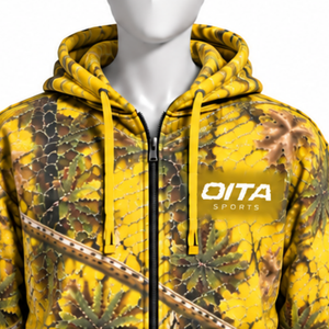 Gold Woodland Print Full <b>Zip</b> <b>Hoodie</b> Mens Outdoor Style Hooded Sweatshirt with Drawstring Kangaroo <b>Pockets</b> Casual Winter Wear - Product Image 4