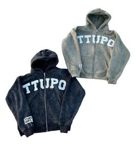 High Quality Men's Winter Zip-Up Oversized Streetwear Hoodie Knitted Garment Dyed Vintage Style Custom Patch Embroidery - Product Image 2