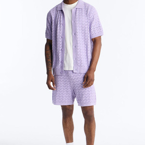 Solid Color Smart Casual Men Summer Two Piece <b>Knitted</b> Printed Shirt Shorts <b>Set</b> High Street Style Breathable 100% Cotton Men <b>Set</b> - Product Image 1