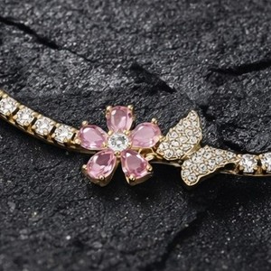 Pulsera de tenis con mariposa y flor de moissanita rosa, chapada en oro de 18K sobre plata de ley, dije de moda para mujer, regalo para fiesta - Product Image 2