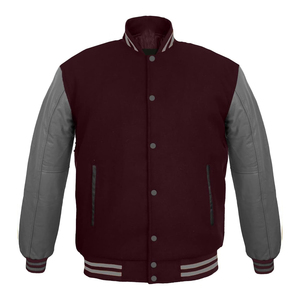 Veste universitaire pour homme de couleur marron avec manches grises, col montant, fermeture à boutons, couleur unie, vêtement décontracté pour l'automne - Product Image 1