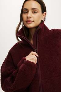 Chaqueta de forro polar burdeos para mujer, con cremallera completa, cuello alto, hombros caídos, abrigo grueso de invierno - Product Image 3