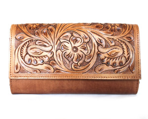 Floral Embroidered Tan Brown Genuine Leather Clutch Fold Over <b>Wallet</b> <b>Women</b> Classic Style Daily Use Durable Handbag 1L Capacity - Product Image 2