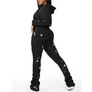 Conjunto de chándal elegante con estampado puff y pantalones acampanados, sudadera con capucha y cremallera completa, talla de EE. UU. para mujer, ¡superventas! - Product Image 4