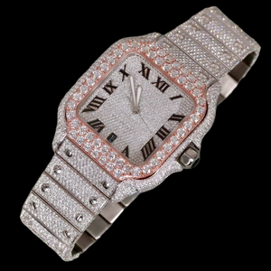 Top High Quality Two Tone Moissanite Quartz Movement <b>Watch</b> Square Glass Dial roman Numerals Pave Setting Brilliant Cut <b>Diamond</b> - Product Image 4