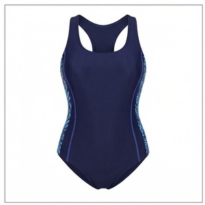 Traje de Baño de Una Pieza Azul Marino para Mujer, Espalda Descubierta, Color Sólido, Franja Lateral en Contraste, Secado Rápido - Product Image 1