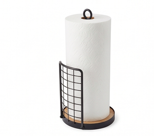 Support de papier essuie-tout en bois avec base en fil de fer noir thermolaqué, distributeur de comptoir et élégant support organisateur de cuisine - Product Image 3
