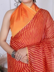 Sari de Otoño KV para Mujer, a Rayas, de Mezcla de Algodón Kota Doria, Reversible, de Secado Rápido, Antiarrugas, con Blusa Sin Coser (Naranja) - Product Image 6