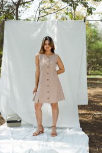 Brown Plaid Sleeveless Midi <b>Dress</b> Scoop Neck Woven Cotton Bamboo Fiber Casual Summer Loose Fit Breathable Patterned <b>Dress</b> - Product Image 2
