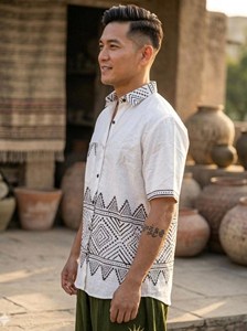 เสื้อเชิ้ตแขนสั้นผ้าฝ้าย Khadi ทำด้วยมือสำหรับผู้ชายเสื้อเชิ้ตลายชนเผ่าเรขาคณิตพิมพ์ขอบและรายละเอียดกระเป๋าเป็นมิตรกับสิ่งแวดล้อม - Product Image 2