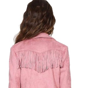 Premium Dusty Rose <b>Suede</b> Women Fringe <b>Leather</b> <b>Jacket</b> Chest Fringe Slim Fit Biker Style Notch Collar Customization Available - Product Image 3