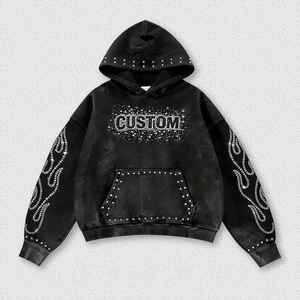 Customized Pullover High Quality Boxy Cropped Diamond Hoodie Streetwear Acid Wash Screen Printing <b>Rhinestone</b> Hoodie Men - Product Image 4