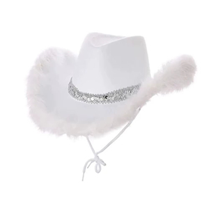 GENERSA SPORTS White Faux Fur Cowboy <b>Hat</b> with Sequin <b>Band</b> Adjustable for Party Fashion Unisex Adult Four Seasons - Product Image 1