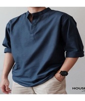 Conjunto de Camisa y Pantalón de Color Sólido para Hombre, Cuello Mao, Ligero, Transpirable, Manga Larga, a la Moda