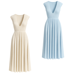 Robe midi décontractée pour femmes, en tricot côtelé, col rond, manches courtes, nylon respirant, élégante, robe d'été - Product Image 1