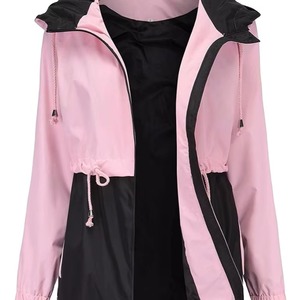 Women Windbreaker <b>Jacket</b> Hooded Lightweight Color Block Longline Drawstring Waterproof Outdoor Coat Pink Black - Product Image 1