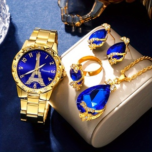 Ensemble de bijoux 4 pièces, montre pour femme, montre à quartz Tour Eiffel, montre-bracelet en acier de luxe - Product Image 1