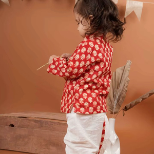 Kurta roja estampada de algodón con dhoti para niños-T-Red kurta roja - Product Image 1