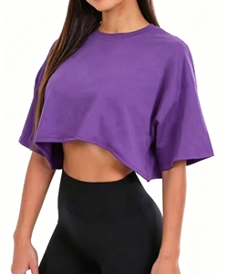 Women's <b>Crop</b> <b>Top</b> Short Sleeve Crew Neck Loose Fit Knitted Cotton Solid Color Breathable Spring Summer T-Shirt - Product Image 5