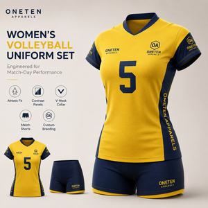 ONETEN APPARELS เสื้อวอลเลย์บอลชายสีเหลืองแขนสั้นคอวีแห้งเร็วผ้าถักพิมพ์ลายชุดกีฬาหมายเลข 5 แมตช์ - Product Image 1