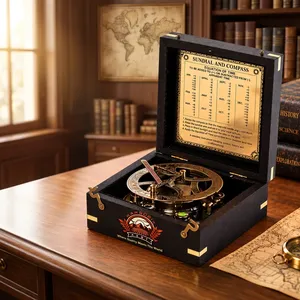 Boussole solaire vintage en laiton, boîte en bois sculptée, instrument de navigation antique, décoration de bureau, cadeau pour le camping - Product Image 4
