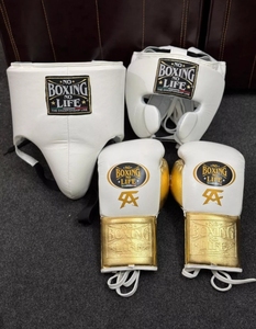 NO BOXING NO LIFE Ensemble de boxe Premium en cuir de vachette blanc et or, comprenant des gants, un protège-tête et une protection inguinale, léger, écologique et gratuit - Product Image 2
