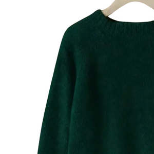 Suéter de punto verde oscuro para mujer, cuello redondo, manga larga, informal, suave, cálido, holgado, con puños y bajo acanalados, liso, top de invierno - Product Image 4