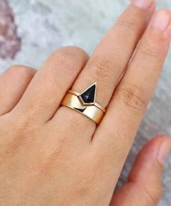 Black Onyx Ring Kite Shape Ring Set Of 2PCS 925 Sterling <b>Silver</b> 14K Gold Plated Wedding Engagement Ring - Product Image 6