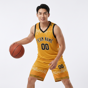 Maillot de basket-ball personnalisé sublimé jaune et noir en mesh, débardeur unisexe adulte respirant en polyester avec impression de logo sur le devant - Product Image 6
