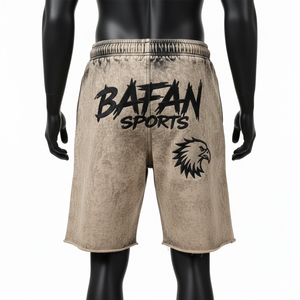 กางเกงขาสั้นผู้ชายผ้าฝ้ายฟลีซพรีเมียม 340 GSM ล้างสีแบบแอซิดวอช สีเบจ ประดับโลโก้กราฟิกด้วยคริสตัล - Product Image 2