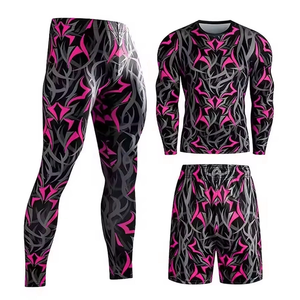 Ensemble de leggings de compression longs pour hommes avec t-shirt à manches longues et short, imprimé numérique uni, antibactérien, taille élastique, en spandex - Product Image 5