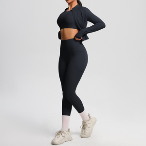 High Quality Three-Piece Fitness Yoga Set Long Sleeve <b>Zip</b>-<b>Up</b> <b>Jacket</b> Solid Pattern Inner Top Breathable Pocketed Yoga Pants - Product Image 3