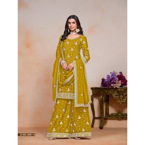 Dernier modèle de Salwar Kameez en Chinon véritable, style moderne, broderie artisanale, pour femme, saison des mariages, personnalisable, indien - Product Image 1