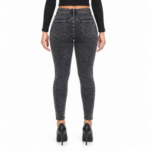 Jean en denim noir personnalisé, coupe crayon, taille mi-haute, décontracté, coupe skinny, effet délavé, grande taille pour femme - Product Image 5