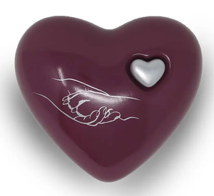 Urne commémorative pour cendres en forme de cœur violet avec pattes argentées et mini-cœur, en laiton/aluminium pour cendres funéraires - Product Image 1