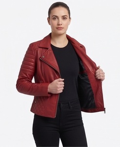 Chaqueta de moto de cuero roja para mujer al por mayor, con dobladillo acolchado y mangas acanaladas, abrigo de motociclista, proveedor de ropa exterior de corte ajustado personalizado - Product Image 2
