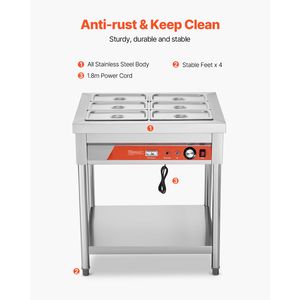 Scaldavivande Elettrico a 6 Vasche con Controllo Manuale della Temperatura 1500W, Tavolo Elettrico Professionale per Buffet e Catering - Product Image 5