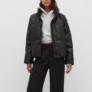 Unisex Genuine Leather Motorcycle Slim Puffer Jacket Stand Collar Zipper Closure Windproof <b>Thick</b> Solid Black Casual <b>Winter</b> <b>Coat</b> - Product Image 2