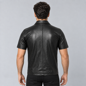 Chemise Homme Noire en Cuir Véritable à Manches Courtes, Bouton Unique, Col Rabattu en Cuir de Vachette Premium, Coupe Slim Moderne, Décontractée et Anti-Plis - Product Image 4