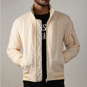 Chaqueta Bomber Beige para Hombre, Color Sólido, Cierre de Cremallera, Resistente al Viento, Cuello Redondo Informal, Tela de Nailon Ligera, Ropa de Otoño, Algodón - Product Image 2