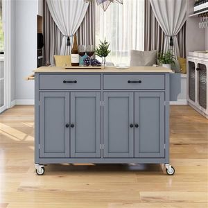 Carrello da Cucina con Piano in Legno Massello, Larghezza Regolabile 54,3 Pollici, 4 Ante, Due Cassetti, Porta Spezie, Portasciugamani - Ruote Bloccabili - Product Image 2