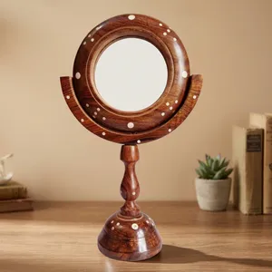 Vintage Hand Carved Wooden Round Tabletop <b>Makeup</b> <b>Mirror</b> with Stand Brown Portable Vanity <b>Mirror</b> for Home Bedroom Dressing Table - Product Image 6