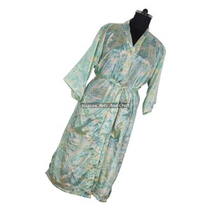 KL001 Camisón Kimono Vintage de Verano para Mujer, Mezcla de Poliéster y Seda, Cuello en V, Cordón Ajustable, Mangas Largas, Estampado, Secado Rápido - Product Image 4