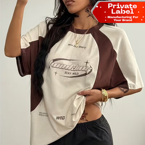 Women'S Streetwear Oversized Short Sleeve, Y2K Street Style Letter Print Trendy <b>Top</b>, Off-Shoulder Design <b>Patchwork</b> T-Shirt - Product Image 1